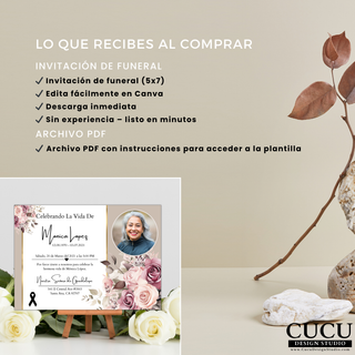 Lo que recibes al comprar plantilla funeral 5x7 editable en Canva, descarga digital con instrucciones PDF fácil de usar / What you receive funeral invitation template 5x7 editable in Canva, instant digital download with PDF instructions simple and beginner friendly