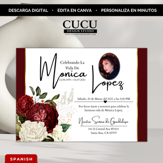 Invitación de funeral editable en Canva en español con diseño elegante en rojo, blanco y dorado, flores tipo peonía, foto personalizable y detalles del servicio memorial / Editable Spanish funeral invitation Canva template with elegant red, white and gold design, peony flowers, customizable photo and memorial service details