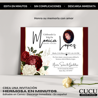 Plantilla de invitación funeral con mensaje “Honra su memoria con amor”, diseño floral elegante, descarga inmediata y edición fácil en Canva / Funeral invitation template with “honor their memory with love” message, elegant floral design, instant download and easy Canva editing