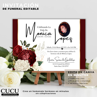 Invitación de funeral editable en español con flores rojas y blancas, diseño moderno y elegante, incluye foto del ser querido y detalles del servicio / Editable Spanish funeral invitation with red and white flowers, modern elegant design, includes loved one photo and service details