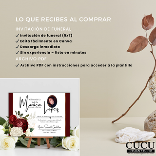 Lo que recibes al comprar plantilla funeral Canva, invitación 5x7 editable, descarga digital y archivo PDF con instrucciones paso a paso / What you receive with Canva funeral template, editable 5x7 invitation, digital download and PDF instructions included