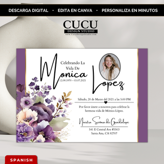 Invitación de funeral editable en Canva en español con diseño floral elegante en tonos morados, incluye foto circular del ser querido, tipografía moderna y detalles dorados, ideal para honrar la vida y compartir información del servicio / Editable Spanish funeral invitation Canva template with elegant purple floral design, circular photo layout, modern script fonts and gold accents, perfect for memorial service details and honoring a loved one