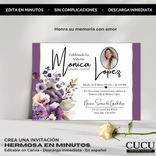 Plantilla de invitación funeral con diseño limpio y elegante, flores moradas, fondo minimalista y mensaje “Honra su memoria con amor”, editable en Canva con descarga inmediata / Elegant funeral invitation template with purple floral accents, clean minimalist background and message “Honor their memory with love”, fully editable in Canva with instant download