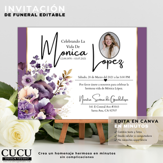 Invitación de funeral editable con flores moradas y estilo moderno, incluye foto personalizada, detalles del servicio y diseño profesional para imprimir o compartir digitalmente / Modern editable funeral invitation with purple flowers, custom photo layout, service details and professional design ready for print or digital sharing