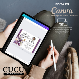 Plantilla de invitación funeral editable en Canva mostrada en tablet, fácil de personalizar desde celular o computadora, ideal para crear invitaciones en minutos sin experiencia / Editable Canva funeral invitation template displayed on tablet, easy to customize on phone or computer, perfect for creating invitations quickly with no design experience