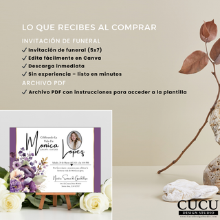 Detalle de lo que recibes al comprar plantilla funeral: invitación 5x7 editable en Canva, descarga inmediata, archivo PDF con instrucciones y diseño listo para personalizar / What you receive with purchase: editable 5x7 funeral invitation Canva template, instant download, PDF instructions and ready-to-customize design