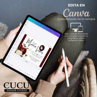 Plantilla de invitación de funeral editable en Canva mostrada en tablet, diseño elegante en rojo, blanco y dorado con flores y foto personalizable, edición fácil desde celular o computadora, descarga digital inmediata / Editable funeral invitation Canva template displayed on tablet, elegant red, white and gold floral design with customizable photo, easy editing on phone or computer, instant digital download