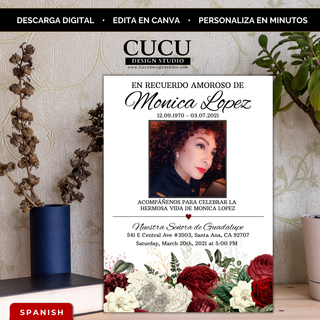 Invitación de funeral en español con diseño elegante floral rojo y blanco, plantilla editable en Canva con foto personalizada, perfecta para honrar la memoria de un ser querido, incluye descarga digital inmediata y edición fácil en minutos desde celular o computadora / Spanish funeral invitation with elegant red and white floral design, editable Canva template with customizable photo, perfect to honor a loved one, includes instant digital download and easy editing in minutes on phone or computer