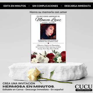 Invitación memorial en español presentada sobre base elegante con rosa blanca, diseño floral sofisticado en tonos rojo, crema y verde, plantilla Canva editable ideal para crear un homenaje hermoso y significativo con descarga instantánea / Spanish memorial invitation displayed on elegant platform with white rose, sophisticated floral design in red, cream and green tones, editable Canva template perfect for creating a beautiful and meaningful tribute with instant download