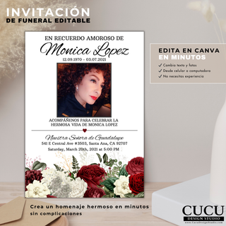 Plantilla de invitación de funeral editable en Canva en español, diseño elegante con flores rojas y blancas, fácil de personalizar sin experiencia, incluye cambio de texto y fotos desde celular o computadora, ideal para crear invitaciones en minutos / Editable Spanish funeral invitation template in Canva, elegant design with red and white flowers, easy to customize with no experience, includes text and photo editing from phone or computer, perfect for creating invitations in minutes