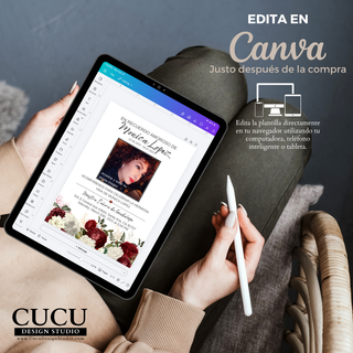Vista del editor de Canva mostrando cómo personalizar una invitación de funeral en español, plantilla editable con foto reemplazable y texto personalizado, diseño floral elegante, fácil de usar desde tablet, celular o computadora con acceso inmediato después de la compra / Canva editor view showing how to customize a Spanish funeral invitation, editable template with replaceable photo and personalized text, elegant floral design, easy to use on tablet, phone or computer with instant access after purchase