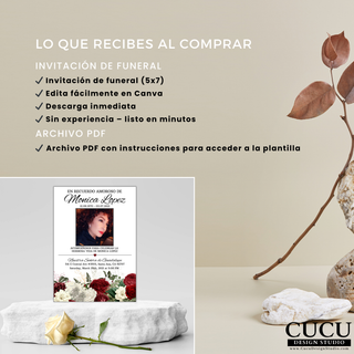 Descripción de lo que incluye la compra de plantilla de invitación de funeral en español, archivo digital editable en Canva tamaño 5x7, descarga inmediata, fácil de usar sin experiencia, ideal para crear invitaciones personalizadas en minutos / Description of what is included in Spanish funeral invitation template purchase, digital editable Canva file size 5x7, instant download, easy to use with no experience, ideal for creating personalized invitations in minutes
