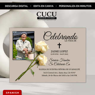 Plantilla de invitación de funeral editable en Canva con fondo beige elegante, foto de hombre mayor, rosas blancas y diseño minimalista para homenaje, descarga digital inmediata / Editable funeral invitation Canva template with elegant beige background, elderly man portrait, white roses, minimalist memorial design, instant digital download