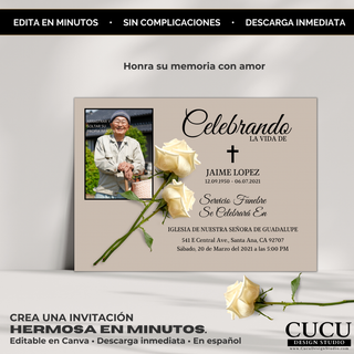 Invitación de funeral elegante en Canva con mensaje honra su memoria con amor, diseño con rosas blancas y estilo limpio, plantilla fácil de editar y descargar / Elegant Canva funeral invitation with “honor their memory with love” message, white roses design, clean aesthetic, easy to edit and download template