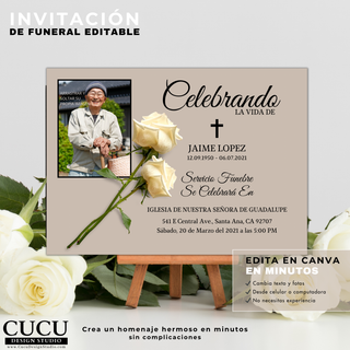 Invitación de funeral editable en Canva en español con diseño sofisticado, incluye foto, texto personalizable y detalles del servicio, plantilla digital lista en minutos / Spanish editable funeral invitation Canva template with sophisticated design, customizable photo and service details, ready-to-use digital download