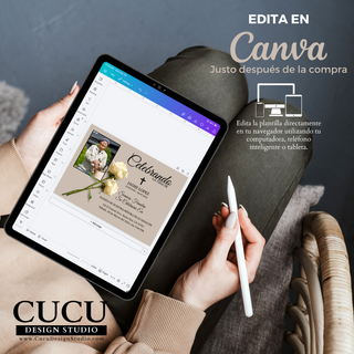 Plantilla de invitación de funeral editándose en Canva desde tablet, fácil personalización en celular o computadora, descarga inmediata sin experiencia necesaria / Funeral invitation template being edited in Canva on tablet, easy customization on phone or computer, instant download no experience needed