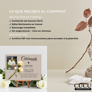 Plantilla de invitación de funeral incluye archivo PDF con instrucciones, diseño editable en Canva 5x7, descarga digital rápida y fácil para crear homenaje / Funeral invitation template includes PDF instructions, editable Canva 5x7 design, quick digital download to create a memorial tribute