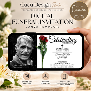 Digital funeral invitation template shown on a smartphone screen, held in a hand against a soft floral background. The design features a split black-and-white portrait and red rose graphic with elegant black typography reading 'Celebrating the life of [Name]' and service details.