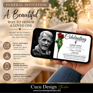 A promotional graphic for a digital funeral invitation template. The left side features text explaining the benefits of using the template, while the right side shows a hand holding a smartphone displaying the invitation design.