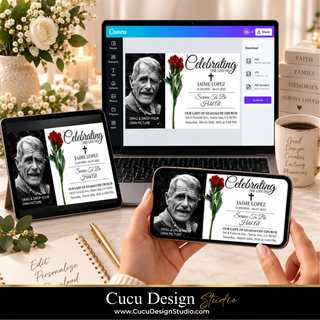 A digital preview of a customizable memorial/obit card design shown on a laptop, tablet, and smartphone screen, with a hand holding the phone. The design features a black-and-white portrait of an elderly man, a red rose, and elegant typography.