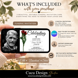 Promotional graphic for a digital Canva funeral invitation template, showing a sample invitation card with a portrait photo placeholder, floral accents, and text including 'Celebrating' and 'To Be Held At.' It lists included items such as a digital invitation and PDF file with instructions, and shows the brand name Cucu Design Studio at the bottom.