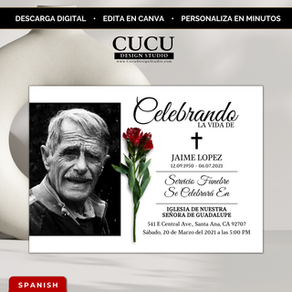Invitación de funeral editable en Canva con diseño elegante, incluye foto en blanco y negro, flor roja y texto personalizable en español para memorial / Editable funeral invitation Canva template with elegant design, includes black and white photo, red flower and customizable Spanish text for memorial