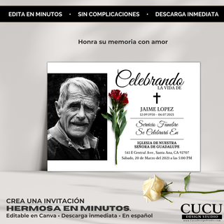 Plantilla de invitación de funeral en español editable en Canva, diseño elegante con flor blanca, estilo minimalista y mensaje emotivo listo para personalizar / Spanish editable funeral invitation Canva template, elegant minimal design with white rose and emotional message ready to customize