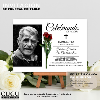 Invitación de funeral Canva editable en español, diseño elegante con flores blancas, foto memorial y detalles personalizables para servicio religioso / Editable Spanish funeral invitation Canva template, elegant floral design with white flowers, memorial photo and customizable service details