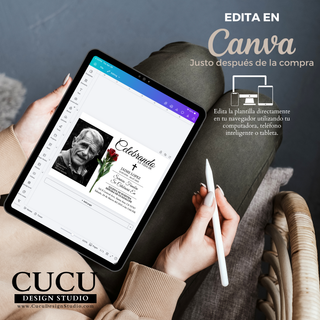 Plantilla de invitación de funeral editable en Canva mostrada en tablet, fácil de usar en celular o computadora, personaliza texto y fotos en minutos / Editable funeral invitation Canva template shown on tablet, easy to use on phone or computer, customize text and photos in minutes