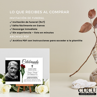 Detalle de lo que incluye la compra, invitación de funeral 5x7 editable en Canva con descarga inmediata y archivo PDF con instrucciones / What’s included preview, 5x7 editable funeral invitation Canva template with instant download and PDF instructions