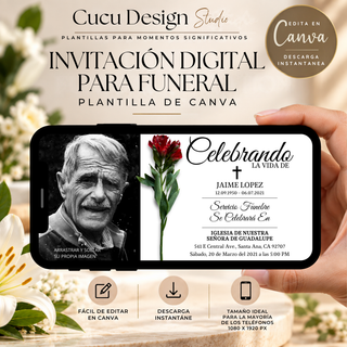 Invitación digital para funeral editable en Canva, mostrada en un teléfono móvil horizontal, con fotografía en blanco y negro, flor roja e información del servicio funerario. Plantilla de 1080 x 1920 px con descarga instantánea.