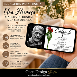 Invitación para funeral digital mostrada en un teléfono móvil, con diseño elegante en blanco y negro, fotografía del ser querido, flor roja e información del servicio. Editable en Canva y fácil de compartir desde cualquier dispositivo.