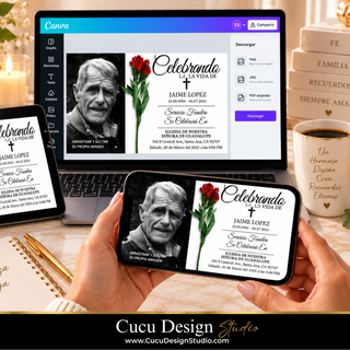Plantilla de invitación digital para funeral mostrada en computadora, tableta y teléfono móvil. Diseño editable en Canva con fotografía, flor e información del servicio funerario, listo para personalizar y descargar.