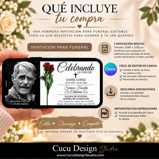 Qué incluye la plantilla de invitación para funeral: invitación digital de 1080 x 1920 px, diseño editable en Canva, descarga instantánea y archivo PDF con instrucciones para personalizar la plantilla.
