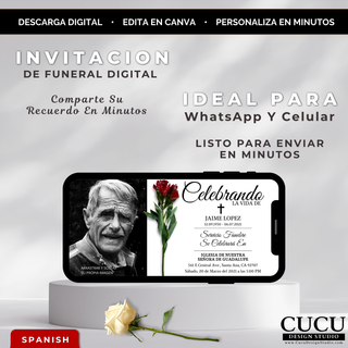 Invitación funeral digital para celular en Canva con diseño elegante en blanco y negro, incluye foto de hombre mayor, cruz religiosa y texto editable; lista para enviar por WhatsApp, descarga inmediata / Digital funeral invitation for smartphone Canva template with elegant black and white design, includes elderly portrait, religious cross and editable text; ready to share via WhatsApp, instant download