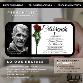 Plantilla editable Canva mostrada en celular con invitación funeral moderna, fácil de personalizar sin experiencia, ideal para compartir desde el teléfono / Editable Canva template displayed on smartphone with modern funeral invitation, easy to customize with no experience, perfect for mobile sharing