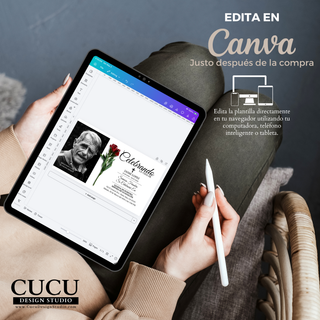 Edición en Canva desde tablet mostrando cómo personalizar invitación funeral digital con fotos y texto, proceso sencillo paso a paso / Editing in Canva on tablet showing how to customize digital funeral invitation with photos and text, simple step-by-step process