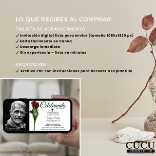 Detalle de lo que recibes al comprar plantilla funeral digital, incluye tamaño 1080x1920 px y archivo PDF con instrucciones / What you receive digital funeral template details, includes 1080x1920 px size and PDF instructions file