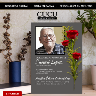 Invitación de funeral elegante en español con fondo gris y rosas rojas, plantilla editable en Canva con foto de hombre mayor, diseño memorial descargable 5x7 / Elegant Spanish funeral invitation with gray background and red roses, editable Canva template featuring senior man photo, downloadable 5x7 memorial card