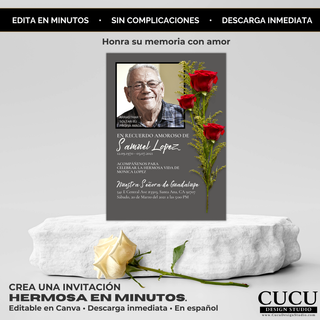 Invitación funeral editable en Canva presentada sobre base blanca con rosa, diseño elegante gris con flores rojas, descarga inmediata y fácil personalización / Editable funeral invitation displayed on white platform with rose, elegant gray design with red flowers, instant download and easy customization in Canva
