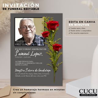 Plantilla de invitación de funeral editable en Canva, cambia texto y fotos fácilmente, diseño con rosas rojas y fondo gris, ideal para homenaje en minutos / Funeral invitation Canva template, easily edit text and photos, gray background with red roses design, perfect for quick memorial creation