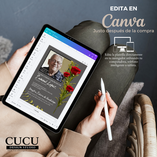Edición de invitación de funeral en Canva desde tablet, plantilla en español con rosas rojas y fondo gris, personalización rápida desde celular o computadora / Editing funeral invitation in Canva on tablet, Spanish template with red roses and gray background, fast customization on phone or computer