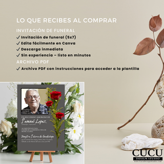 Incluye invitación de funeral 5x7 editable en Canva, descarga digital inmediata, archivo PDF con instrucciones, diseño elegante con rosas rojas / Includes editable 5x7 funeral invitation Canva template, instant digital download, PDF instructions file, elegant red roses design