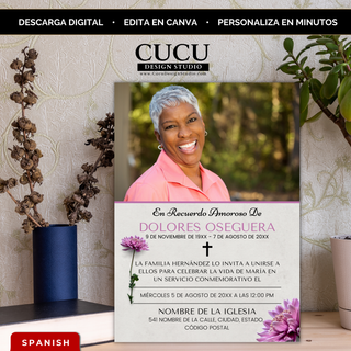 Invitación de funeral editable en Canva con foto de mujer, flores moradas y diseño elegante minimalista, plantilla memorial en español tamaño 5x7 descarga digital fácil de personalizar / Editable funeral invitation Canva template with woman photo, purple flowers and elegant minimal design, Spanish memorial card 5x7 instant download easy to customize