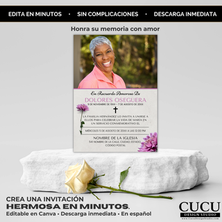 Tarjeta memorial de funeral con fondo limpio y rosa blanca, diseño elegante para honrar la memoria, plantilla Canva editable en minutos descarga inmediata / Funeral memorial card with clean background and white rose, elegant design to honor a loved one, editable Canva template ready in minutes instant download
