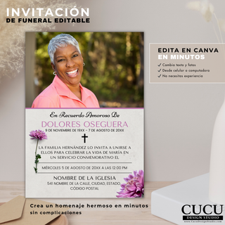 Invitación de funeral editable con flores y foto personalizada, diseño elegante en español plantilla Canva fácil de editar para servicio memorial descarga digital / Editable funeral invitation with floral accents and custom photo, elegant Spanish design Canva template easy to edit for memorial service instant download