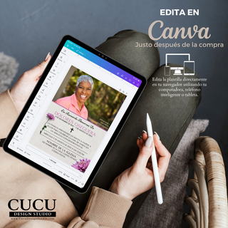 Plantilla de invitación funeral en Canva mostrada en tablet, fácil de editar desde celular o computadora diseño elegante descarga inmediata en español / Funeral invitation Canva template displayed on tablet, easy to edit from phone or computer elegant design instant download Spanish template