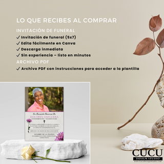 Incluye invitación de funeral 5x7 editable en Canva con descarga digital e instrucciones en PDF, diseño fácil para crear homenaje en minutos sin experiencia / Includes 5x7 funeral invitation editable in Canva with digital download and PDF instructions, easy design to create a tribute in minutes no experience needed