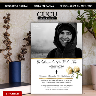 Invitación de funeral editable en Canva con foto en blanco y negro de hombre y rosas doradas, diseño elegante para servicio memorial, descarga digital en español / Editable funeral invitation Canva template with black and white portrait and golden roses, elegant memorial service design, instant digital download in Spanish