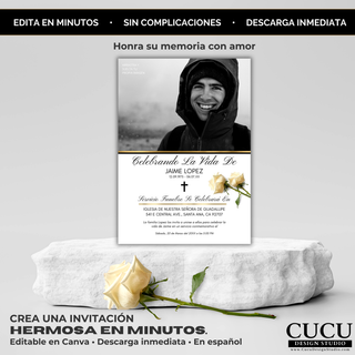 Invitación memorial elegante colocada sobre base con rosa blanca, plantilla editable en Canva para crear homenaje en minutos, diseño minimalista en español / Elegant memorial invitation displayed on stone base with white rose, editable Canva template to create a tribute in minutes, minimalist Spanish design